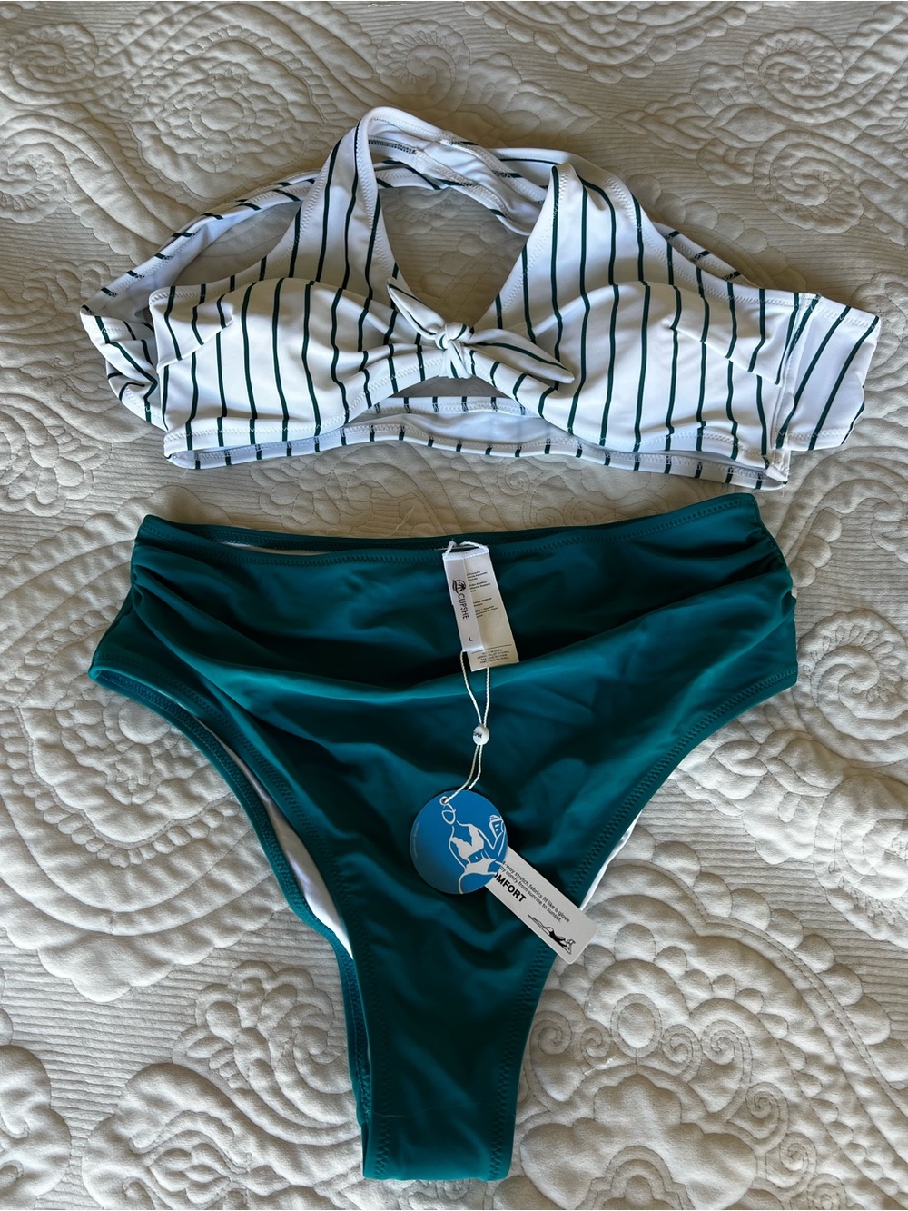 Cupshe Teal High-Waist Bottom with White & Dark Green Striped Top Bikini